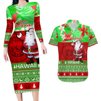 Personalised Hawaii Christmas Couples Matching Long Sleeve Bodycon Dress and Hawaiian Shirt Mele Kalikimaka Hawaiian Santa Tropical Vibes - Wonder Print Shop