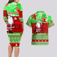 Personalised Hawaii Christmas Couples Matching Long Sleeve Bodycon Dress and Hawaiian Shirt Mele Kalikimaka Hawaiian Santa Tropical Vibes - Wonder Print Shop