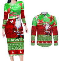 Personalised Hawaii Christmas Couples Matching Long Sleeve Bodycon Dress and Long Sleeve Button Shirts Mele Kalikimaka Hawaiian Santa Tropical Vibes - Wonder Print Shop