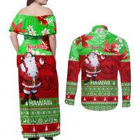 Personalised Hawaii Christmas Couples Matching Off Shoulder Maxi Dress and Long Sleeve Button Shirts Mele Kalikimaka Hawaiian Santa Tropical Vibes - Wonder Print Shop