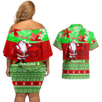 Personalised Hawaii Christmas Couples Matching Off Shoulder Short Dress and Hawaiian Shirt Mele Kalikimaka Hawaiian Santa Tropical Vibes - Wonder Print Shop