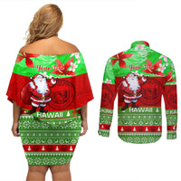 Personalised Hawaii Christmas Couples Matching Off Shoulder Short Dress and Long Sleeve Button Shirts Mele Kalikimaka Hawaiian Santa Tropical Vibes - Wonder Print Shop