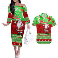 Personalised Hawaii Christmas Couples Matching Off The Shoulder Long Sleeve Dress and Hawaiian Shirt Mele Kalikimaka Hawaiian Santa Tropical Vibes - Wonder Print Shop