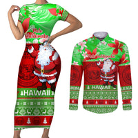 Personalised Hawaii Christmas Couples Matching Short Sleeve Bodycon Dress and Long Sleeve Button Shirts Mele Kalikimaka Hawaiian Santa Tropical Vibes - Wonder Print Shop