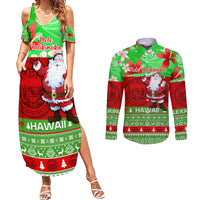 Personalised Hawaii Christmas Couples Matching Summer Maxi Dress and Long Sleeve Button Shirts Mele Kalikimaka Hawaiian Santa Tropical Vibes - Wonder Print Shop
