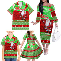 Personalised Hawaii Christmas Family Matching Off Shoulder Long Sleeve Dress and Hawaiian Shirt Mele Kalikimaka Hawaiian Santa Tropical Vibes - Wonder Print Shop