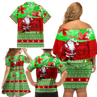 Personalised Hawaii Christmas Family Matching Off Shoulder Short Dress and Hawaiian Shirt Mele Kalikimaka Hawaiian Santa Tropical Vibes - Wonder Print Shop