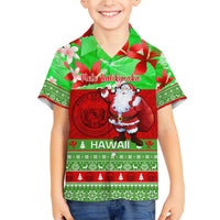 Hawaiian shirt with Santa, Mele Kalikimaka and Hawaii text, green and red