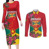 Grenada 1974 Couples Matching Long Sleeve Bodycon Dress and Long Sleeve Button Shirt Gwenad Map With Bougainvillea - Flag Color - Wonder Print Shop