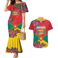 Grenada 1974 Couples Matching Mermaid Dress and Hawaiian Shirt Gwenad Map With Bougainvillea - Flag Color - Wonder Print Shop