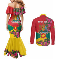 Grenada 1974 Couples Matching Mermaid Dress and Long Sleeve Button Shirt Gwenad Map With Bougainvillea - Flag Color