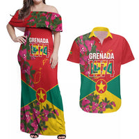 Grenada 1974 Couples Matching Off Shoulder Maxi Dress and Hawaiian Shirt Gwenad Map With Bougainvillea - Flag Color - Wonder Print Shop