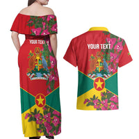 Grenada 1974 Couples Matching Off Shoulder Maxi Dress and Hawaiian Shirt Gwenad Map With Bougainvillea - Flag Color - Wonder Print Shop