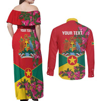 Grenada 1974 Couples Matching Off Shoulder Maxi Dress and Long Sleeve Button Shirt Gwenad Map With Bougainvillea - Flag Color - Wonder Print Shop