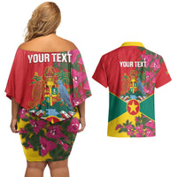 Grenada 1974 Couples Matching Off Shoulder Short Dress and Hawaiian Shirt Gwenad Map With Bougainvillea - Flag Color - Wonder Print Shop