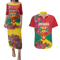 Grenada 1974 Couples Matching Puletasi and Hawaiian Shirt Gwenad Map With Bougainvillea - Flag Color - Wonder Print Shop