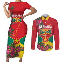 Grenada 1974 Couples Matching Short Sleeve Bodycon Dress and Long Sleeve Button Shirt Gwenad Map With Bougainvillea - Flag Color - Wonder Print Shop
