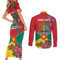 Grenada 1974 Couples Matching Short Sleeve Bodycon Dress and Long Sleeve Button Shirt Gwenad Map With Bougainvillea - Flag Color - Wonder Print Shop