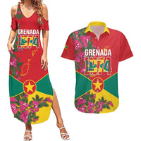 Grenada 1974 Couples Matching Summer Maxi Dress and Hawaiian Shirt Gwenad Map With Bougainvillea - Flag Color - Wonder Print Shop