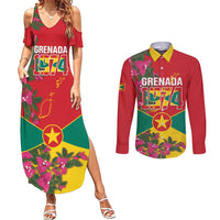 Grenada 1974 Couples Matching Summer Maxi Dress and Long Sleeve Button Shirt Gwenad Map With Bougainvillea - Flag Color - Wonder Print Shop