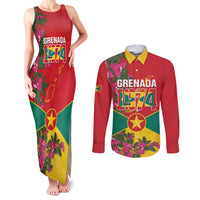 Grenada 1974 Couples Matching Tank Maxi Dress and Long Sleeve Button Shirt Gwenad Map With Bougainvillea - Flag Color - Wonder Print Shop