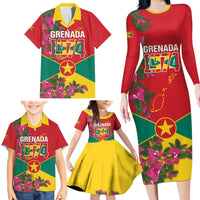Grenada 1974 Family Matching Long Sleeve Bodycon Dress and Hawaiian Shirt Gwenad Map With Bougainvillea - Flag Color - Wonder Print Shop