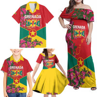 Grenada 1974 Family Matching Off Shoulder Maxi Dress and Hawaiian Shirt Gwenad Map With Bougainvillea - Flag Color - Wonder Print Shop
