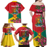 Grenada 1974 Family Matching Off Shoulder Maxi Dress and Hawaiian Shirt Gwenad Map With Bougainvillea - Flag Color - Wonder Print Shop