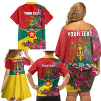 Grenada 1974 Family Matching Off Shoulder Short Dress and Hawaiian Shirt Gwenad Map With Bougainvillea - Flag Color - Wonder Print Shop