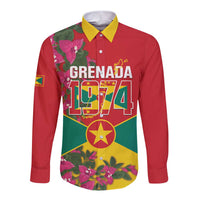Grenada 1974 Long Sleeve Button Shirt Gwenad Map With Bougainvillea - Flag Color - Wonder Print Shop