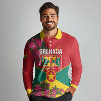 Grenada 1974 Long Sleeve Polo Shirt Gwenad Map With Bougainvillea - Flag Color - Wonder Print Shop
