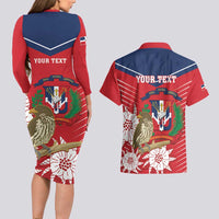 Personalized Dominican Republic Independence Day Couples Matching Long Sleeve Bodycon Dress and Hawaiian Shirt Palmchat With Map