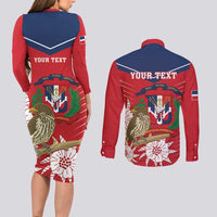 Personalized Dominican Republic Independence Day Couples Matching Long Sleeve Bodycon Dress and Long Sleeve Button Shirt Palmchat With Map
