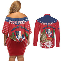 Personalized Dominican Republic Independence Day Couples Matching Off Shoulder Short Dress and Long Sleeve Button Shirt Palmchat With Map