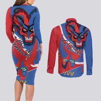 Carnival Dominicano Couples Matching Long Sleeve Bodycon Dress and Long Sleeve Button Shirt Dominican Republic Diablos Cojuelos Mask