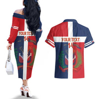 Custom Dominican Republic Football Couples Matching Off The Shoulder Long Sleeve Dress and Hawaiian Shirt Go Champions Flag Style