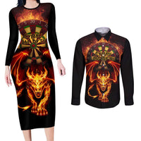 Cymru Am Byth Wales Darts Couples Matching Long Sleeve Bodycon Dress and Long Sleeve Button Shirt Go Welsh Flame Style