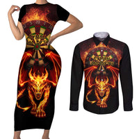 Cymru Am Byth Wales Darts Couples Matching Short Sleeve Bodycon Dress and Long Sleeve Button Shirt Go Welsh Flame Style