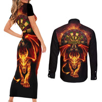 Cymru Am Byth Wales Darts Couples Matching Short Sleeve Bodycon Dress and Long Sleeve Button Shirt Go Welsh Flame Style