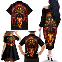 Cymru Am Byth Wales Darts Family Matching Off The Shoulder Long Sleeve Dress and Hawaiian Shirt Go Welsh Flame Style