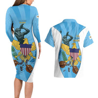 US Virgin Islands Couples Matching Long Sleeve Bodycon Dress and Hawaiian Shirt Emancipation Proud Freedom Statue