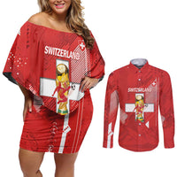 Switzerland Football Custom Couples Matching Off Shoulder Short Dress and Long Sleeve Button Shirt Go Nati Swiss Alps Grunge Style