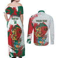 Mexico Football Custom Couples Matching Off Shoulder Maxi Dress and Long Sleeve Button Shirt El Tri Aztec Calendar Brush Style