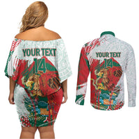 Mexico Football Custom Couples Matching Off Shoulder Short Dress and Long Sleeve Button Shirt El Tri Aztec Calendar Brush Style