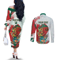Mexico Football Custom Couples Matching Off The Shoulder Long Sleeve Dress and Long Sleeve Button Shirt El Tri Aztec Calendar Brush Style
