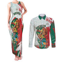 Mexico Football Custom Couples Matching Tank Maxi Dress and Long Sleeve Button Shirt El Tri Aztec Calendar Brush Style