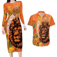 Nederland Fijne Koningsdag Couples Matching Long Sleeve Bodycon Dress and Hawaiian Shirt Netherlands Lion With Orange Tulips