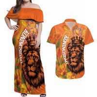 Nederland Fijne Koningsdag Couples Matching Off Shoulder Maxi Dress and Hawaiian Shirt Netherlands Lion With Orange Tulips