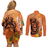 Nederland Fijne Koningsdag Couples Matching Off Shoulder Short Dress and Long Sleeve Button Shirt Netherlands Lion With Orange Tulips