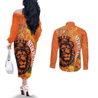 Nederland Fijne Koningsdag Couples Matching Off The Shoulder Long Sleeve Dress and Long Sleeve Button Shirt Netherlands Lion With Orange Tulips